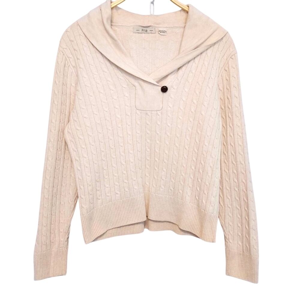 Pria Ivory Cream White Cable Ribbed Knit Cowl Collar V-Neck Pullover Sweater